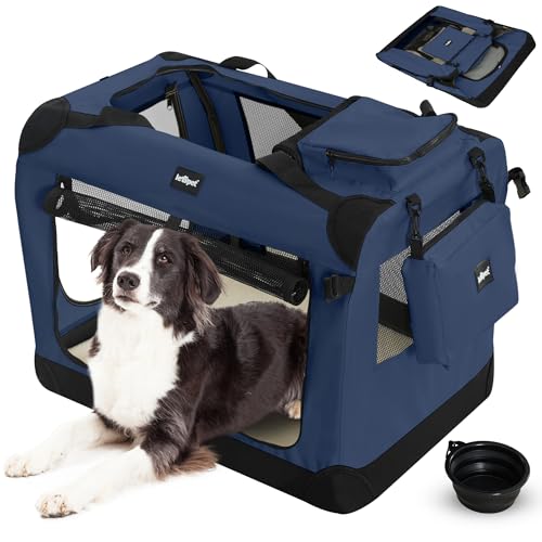 Leopet® Hundebox - Faltbar, Große/Kleine Hunde, Stoff, mit Napf, für Zuhause, Auto - Transportbox, Transporttasche, Tragetasche, Hunde, Katzen, Haustier (Blau, XL: 81x58x58 cm - LxBxH) von Leopet