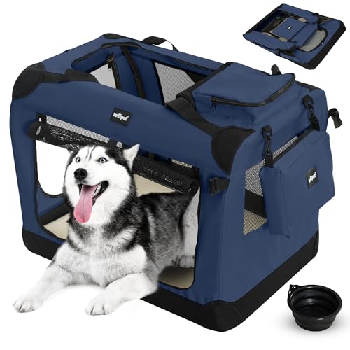 Leopet® Hundebox - Faltbar, Große/Kleine Hunde, Stoff, mit Napf, für Zuhause, Auto - Transportbox, Transporttasche, Tragetasche, Hunde, Katzen, Haustier (Blau, XXL: 91x64x64 cm - LxBxH) von Leopet