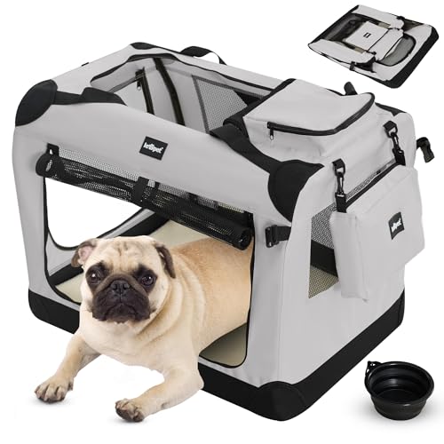 Leopet® Hundebox - Faltbar, Große/Kleine Hunde, Stoff, mit Napf, für Zuhause, Auto - Transportbox, Transporttasche, Tragetasche, Hunde, Katzen, Haustier (Grau, S: 50x35x35 cm - LxBxH) von Leopet