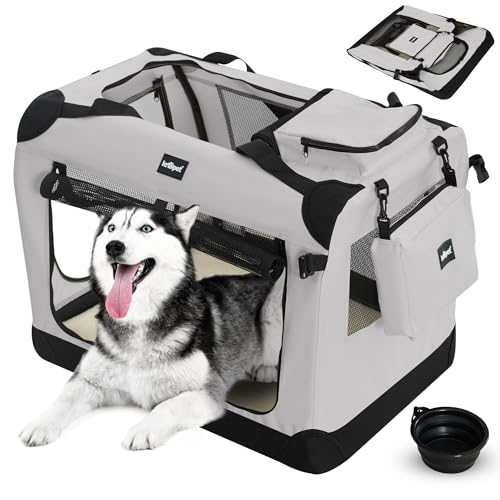 Leopet® Hundebox - Faltbar, Große/Kleine Hunde, Stoff, mit Napf, für Zuhause, Auto - Transportbox, Transporttasche, Tragetasche, Hunde, Katzen, Haustier (Grau, XXL: 91x64x64 cm - LxBxH) von Leopet