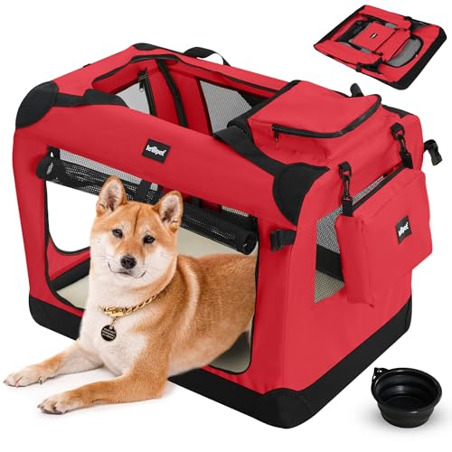 Leopet® Hundebox - Faltbar, Große/Kleine Hunde, Stoff, mit Napf, für Zuhause, Auto - Transportbox, Transporttasche, Tragetasche, Hunde, Katzen, Haustier (Rot, L: 70x52x52 cm - LxBxH) von Leopet