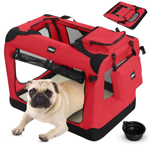 Leopet® Hundebox - Faltbar, Große/Kleine Hunde, Stoff, mit Napf, für Zuhause, Auto - Transportbox, Transporttasche, Tragetasche, Hunde, Katzen, Haustier (Rot, S: 50x35x35 cm - LxBxH) von Leopet