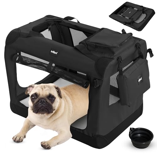 Leopet® Hundebox - Faltbar, Große/Kleine Hunde, Stoff, mit Napf, für Zuhause, Auto - Transportbox, Transporttasche, Tragetasche, Hunde, Katzen, Haustier (Schwarz, S: 50x35x35 cm - LxBxH) von Leopet