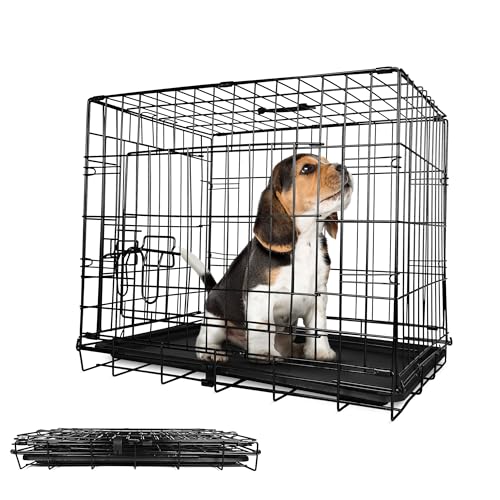 Leopet® Hundekäfig - Faltbar, für Zuhause, Wohnung, Leicht, mit Kunststoffschale, aus Metall, Schwarz - Hundetransportkäfig, Hundetransportbox, Tiertransportbox, Hundebox (LxBxH: 76x45x52 cm) von Leopet