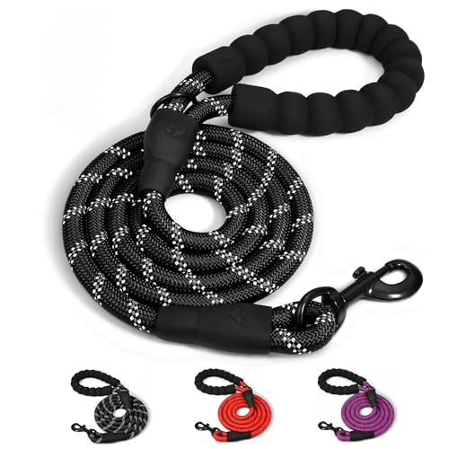 Hundeleine aus Seil mit bequemem gepolstertem Griff und stark reflektierenden Fäden, langlebige stabile Hundeleine für mittelgroße große Hunde (Schwarz, 200 x 1,2 cm) von Lepat