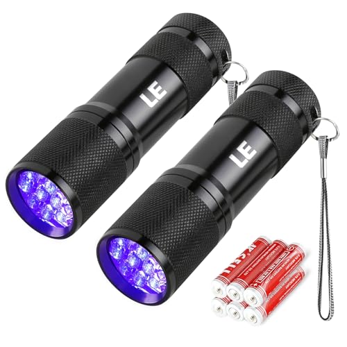 Lepro LED UV Schwarzlicht Taschenlampe mit 9 LEDs, mini UV Lampe Ultraviolettes Licht mit 395nm für Geocaching, Heimtierurindetektoren, Haustiere Urin-Detektor usw. Inklusive 6 AAA Batterien von Lepro