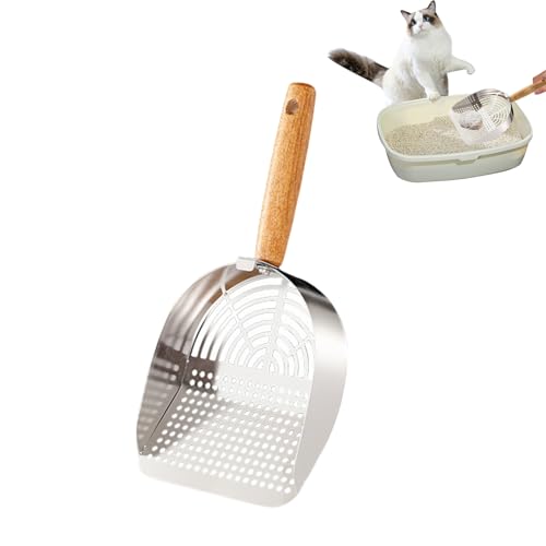 Katzenstreuschaufel Edelstahl, Katzenklo Schaufel Metall 4mm Porengröße, Katzenstreu Schaufel mit Holzgriff, Metall Katzenschaufel für Katzenklo, Robust Tiefe Schaufel Katzenkloschaufel (Loch) von Lergas