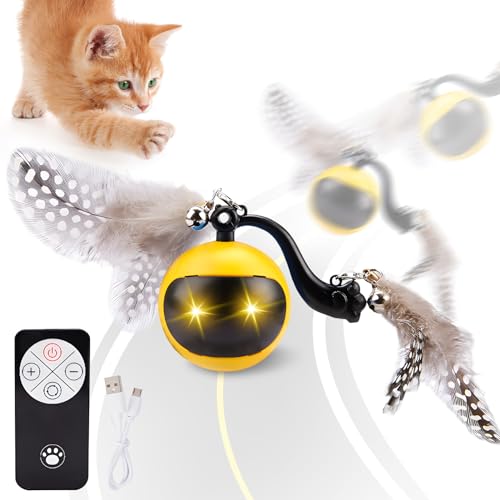 Lergas Interaktives Katzenspielzeug, Katzenball Elektrisch mit Fernbedienung, USB Aufladbar Katzenspielzeug Elektrisch mit Simulierter Anruf und Lichter Blinken, Katzenspielzeug Intelligenz (Gelb) von Lergas