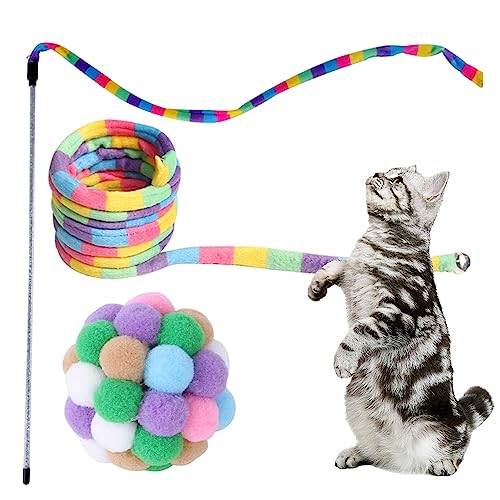 Leryveo Regenbogen-Katzenstab,Interaktives Stick-Katzenspielzeug, Schnurspielzeug-Set - Interaktives Schnurspielzeug mit Ball, sicher und farbenfroh für Katzen und Kätzchen im Innenbereich von Leryveo