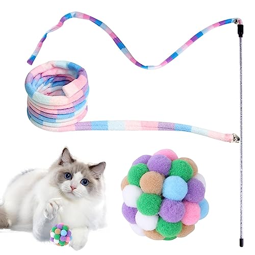 Leryveo Regenbogenstab Katzenspielzeug, Interaktives Stick-Katzenspielzeug, Schnurspielzeug-Set, Interaktives Schnurspielzeug mit Ball, sicher und farbenfroh für Katzen und Kätzchen im Innenbereich von Leryveo
