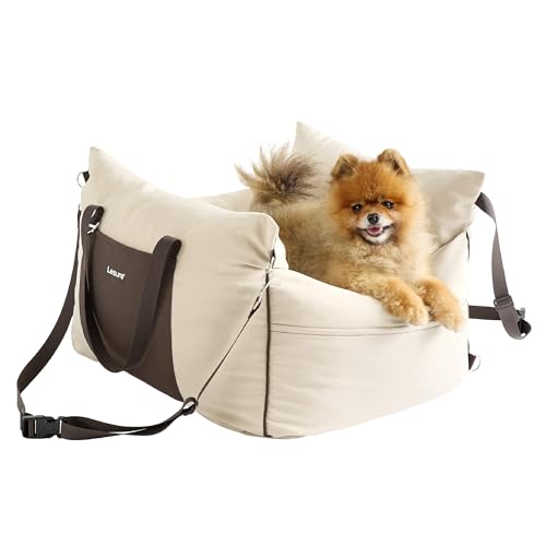 Lesure Hundesitz Auto kleine Hunde - wasserdichter und waschbarer Hunde Autositz mit Aufbewahrungstaschen, ansteckbarer Sicherheitsleine und verdickter Memory-Schaum-Füllung, 58x56x33cm, beige von Lesure