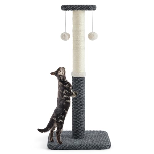 Lesure Indoor Kratzstamm groß Katzen – 93 cm Kratzsäule für Katzen mit Plattform aus strapazierfähiger Teppichstoff, Kratzbaum Grosse Katzen stabil mit Sisal und hängendem Ball, dunkelgrau von Lesure