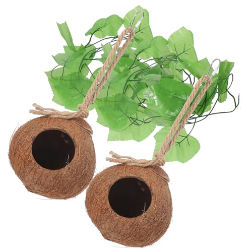 Levemolo 4 Stück Kokosnuss Hängenest Teiliges Set für Reptilien und Kleintiere Natürliche Kokosnussschalen mit Künstlichen Ranken für Lizzards und Halbbaumlebende Reptilien Komfortabler von Levemolo