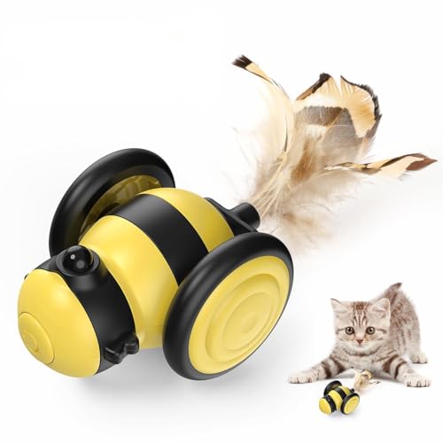 Lewondr Interaktives Katzenspielzeug, Elektronisch Bienen Federspielzeug Katzenspielzeug mit LED Licht & Intelligent Erkennung, USB Wiederaufladbar Beweglich Katzenspielzeug für Katzen Training, Gelb von Lewondr