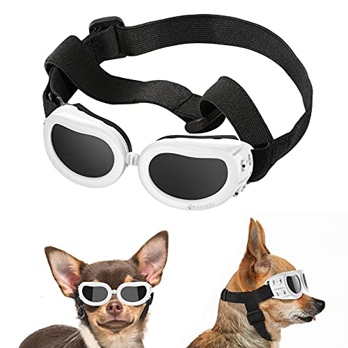 Lewondr Sonnenbrille für Hunde UV Schutzbrille, Hunde Winddichte & Antibeschlagbrille & Wasserdichter Hundebrille mit Einstellbar Gummiband für Kleine Hunde - Weiß von Lewondr