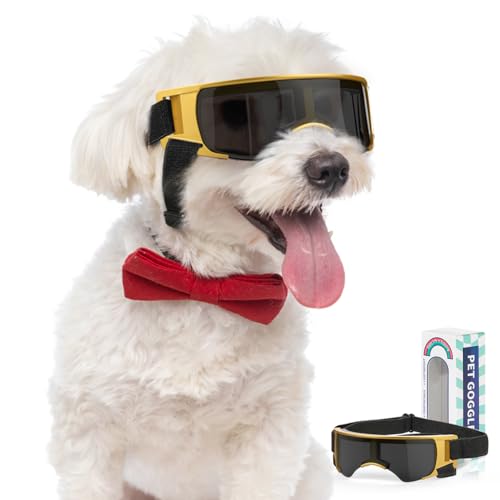 Lewondr Sonnenbrille für Hunde UV Schutzbrille, Hunde Winddichte & Antibeschlagbrille & Wasserdichter Hundebrille mit Einstellbar Gummiband für Kleine Hunde im Freien, Schwarz & Gold von Lewondr