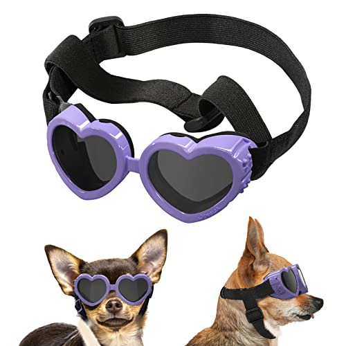 Lewondr Sonnenbrille für Kleine Hunde UV Schutzbrille, Hunde Herzförmige Winddichte Antibeschlagbrille, wasserdichte Hundebrille mit Einstellbarem Gummiband für Kleine Hunde - Lila von Lewondr