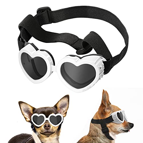 Lewondr Sonnenbrille für Kleine Hunde - UV Schutzbrille, Hunde Herzförmige Winddichte Antibeschlagbrille, wasserdichte Hundebrille mit Einstellbarem Gummiband - Weiß von Lewondr