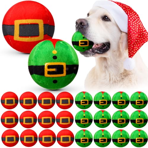Leyndo 24 Stück Weihnachtsspielzeug für Hunde, 8,9 cm, gefüllt, Plüsch, Urlaub, Hundespielzeug, Bälle, Weihnachts-Tennisbälle für kleine, mittelgroße und große Hunde, Kauspielzeug, von Leyndo