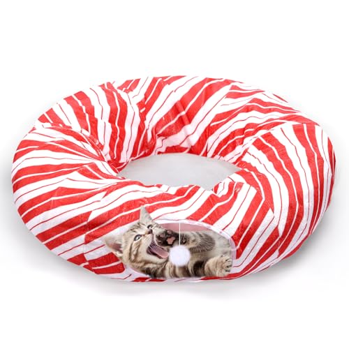 Leyndo 94,4 x 25,4 cm Weihnachten Katze Tunnel Bett Peekaboo Katzenhöhle Donut unter Weihnachtsbaum Zuckerstange Design mit zentraler Matte Festliche Dekoration für kleine, mittelgroße große Katzen von Leyndo