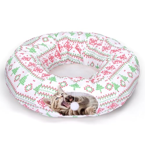 Leyndo 94,4 x 25,4 cm großes Weihnachts-Katzentunnelbett unter dem Weihnachtsbaum mit zentraler Matte für Weihnachtsbaum-Rock, warmes, weiches Katzenrohr in Rotgrün, multifunktionales dekoratives Bett von Leyndo