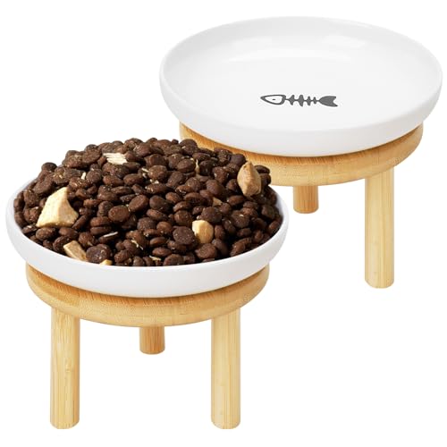 15 cm breiter, flacher, erhöhter Katzennapf, Schnurrhaarfreundlicher Keramik-Katzennapf mit Holzständer, 2 Stück Futter- und Wasserteller für Haustiere von Lfpkixise