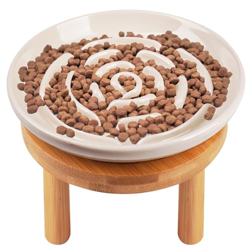 Erhöhter Futternapf für langsames Fressen, Keramik, langsamer Futternapf mit Bambusständer, 15 cm breit, flach, Schnurrhaarfreundlich, Anti-Erbrechen, langsamer Futternapf für trockene oder nasse von Lfpkixise