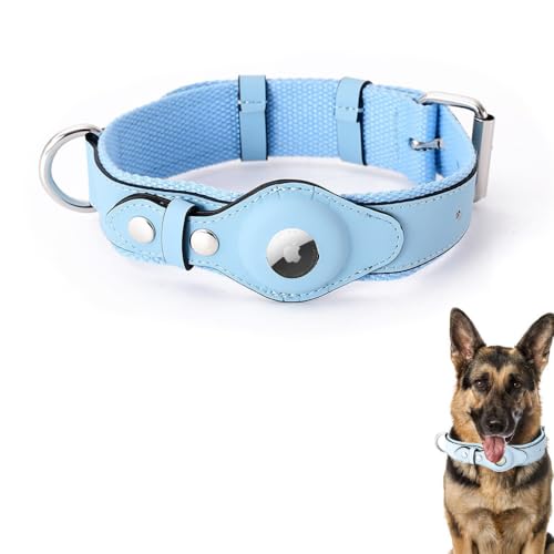 LiRui.R AirTag Verstellbares Hundehalsband aus weichem Leder für AirTag bietet doppelten Schutz und Haltbarkeit für Kleine Mittlere und Große Hunde(Blau,M) von LiRui.R