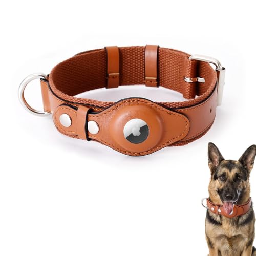 LiRui.R AirTag Verstellbares Hundehalsband aus weichem Leder für AirTag bietet doppelten Schutz und Haltbarkeit für Kleine Mittlere und Große Hunde(Braun,L) von LiRui.R