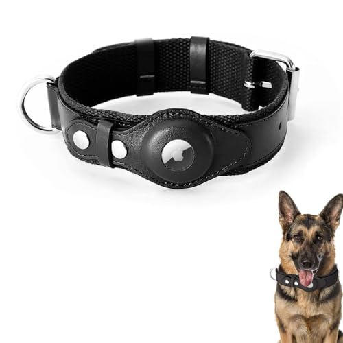 LiRui.R AirTag Verstellbares Hundehalsband aus weichem Leder für AirTag bietet doppelten Schutz und Haltbarkeit für Kleine Mittlere und Große Hunde(Schwarz,M) von LiRui.R