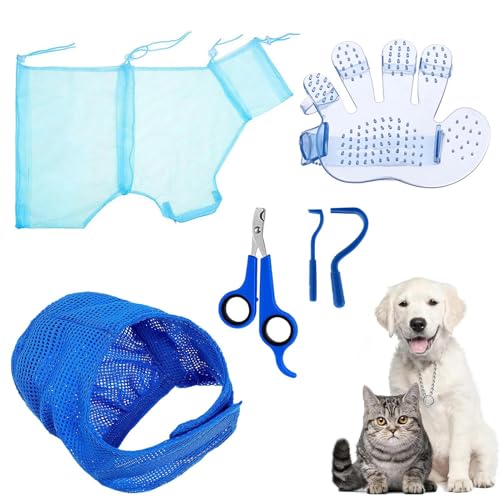 Liakyunf Katzen Badetasche | 5 Stück Katzendusche Netz mit Krallenschneider - Verstellbare Krallenpflege Mit Maulbürste Zeckenentferner Atmungsaktive Badausrüstung Für Hunde Kaninchen von Liakyunf
