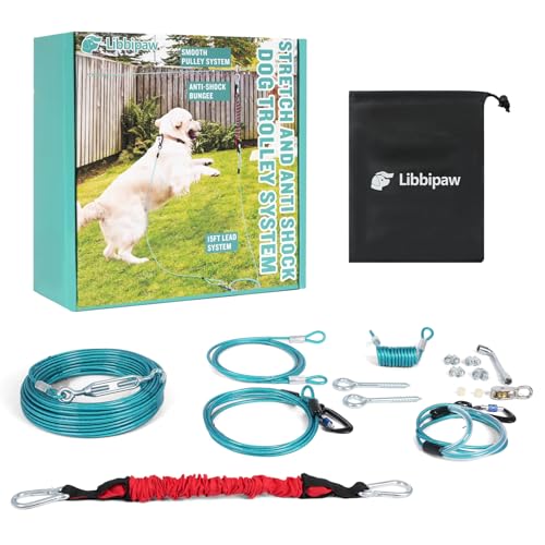 Hundeläufer für den Hof, 30,5 m langes Hunde-Laufkabel mit 4,5 m Anti-Schock-Antennenleine, robustes Trolley-System für große Hunde bis zu 136 kg, Hunde-Reißverschlussleine für Hinterhof, Park und von Libbipaw