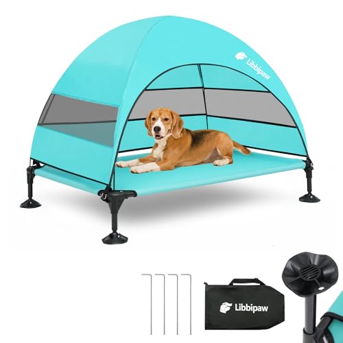 Outdoor Hundebett mit Baldachin und 4 winddichten Heringen, erhöhtes Haustierbett mit abnehmbarem Schattenzelt, wasserdichtes Design für große Hunde, Camping, Strand, Park, Hinterhof von Libbipaw