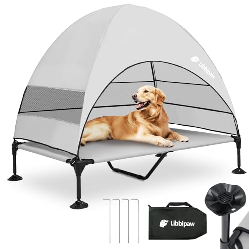 Outdoor Hundebett mit Baldachin und 4 winddichten Heringen, erhöhtes Haustierbett mit abnehmbarem Schattenzelt, wasserdichtes Design für große Hunde, Camping, Strand, Park, Hinterhof Outdoor Hundebett mit Baldachin und 4 winddichten Heringen, erhöhtes Haustierbett mit abnehmbarem Schattenzelt, wasserdichtes Design für große Hunde, Camping, Strand, Park, Hinterhof von Libbipaw