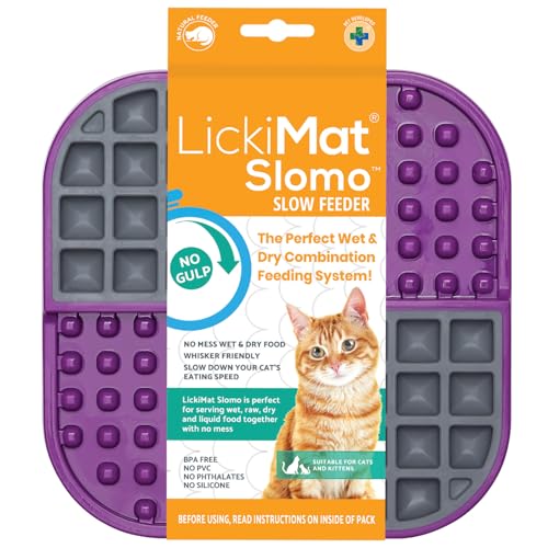 Lickimat Slomo Katzenfutterstation für langsame Katzen, gegen Langeweile und Angstlinderung, Joghurt oder Erdnussbutter. Lustige Alternative zu einem Futternapf oder -schalen, Violett von LICKIMAT