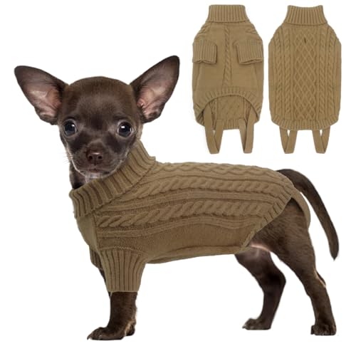 LiebeDD Hundepullover Kleine Hunde - Winter Warm Hundepulli mit Beinen Solide Klassisch Hunde Strick Pullover für Chihuahua Windhund Welpen und Katzen, Dog Sweater (Khaki XS) von LiebeDD