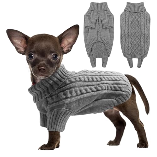LiebeDD Hundepullover Kleine Hunde - Winter Warm Hundepulli mit Beinen Solide Klassisch Hunde Strick Pullover für Chihuahua Windhund Welpen und Katzen, Dog Sweater (Grau XS) von LiebeDD