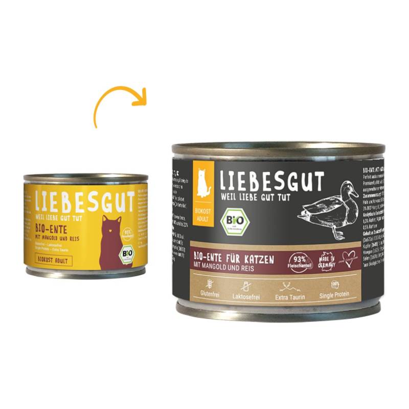 Liebesgut Biokost Adult Katze mit Ente, Mangold und Reis 12x200g von Liebesgut