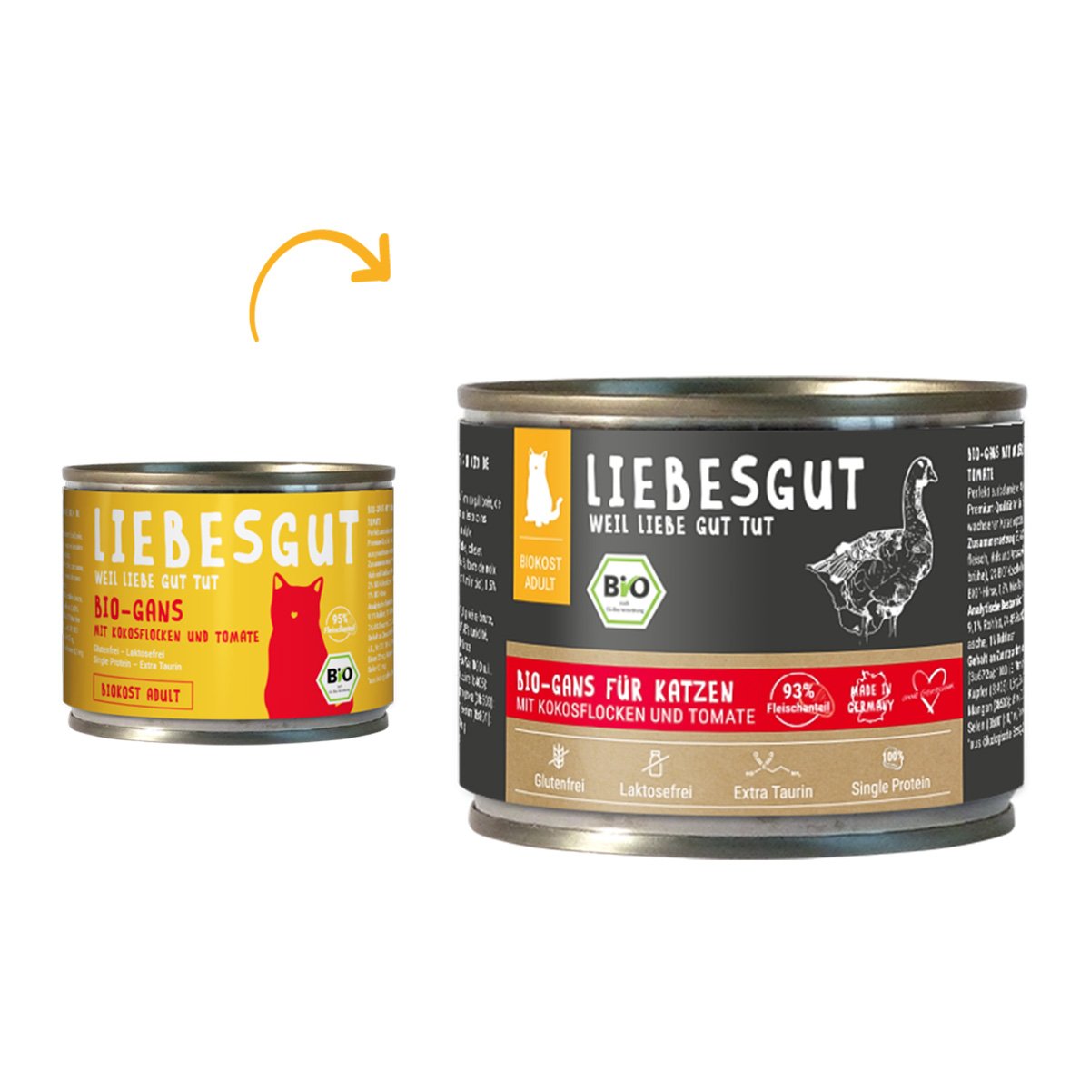 Liebesgut Biokost Adult Katze mit Gans, Kokos und Tomate 24x200g von Liebesgut