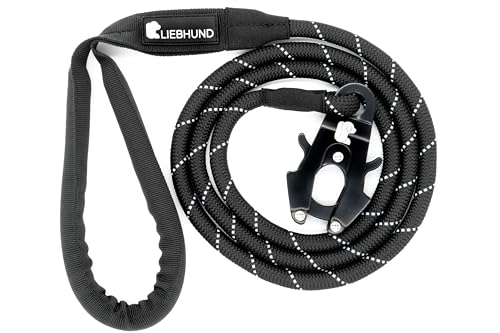 LIEBHUND Blackline stilvolle Hundeleine 1,5m in schwarz reflektierend Frosch-Clip für mittelgroße Hunde - Premium Leine mit Griff von Liebhund