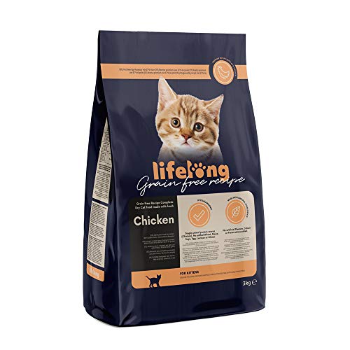 Amazon-Marke: Lifelong - Katzenfutter für junge Katzen (Junior), Fein zubereitetes Trockenfutter mit frischem Huhn, Getreidefreie Rezeptur, 3 kg (1er-Pack) von Lifelong