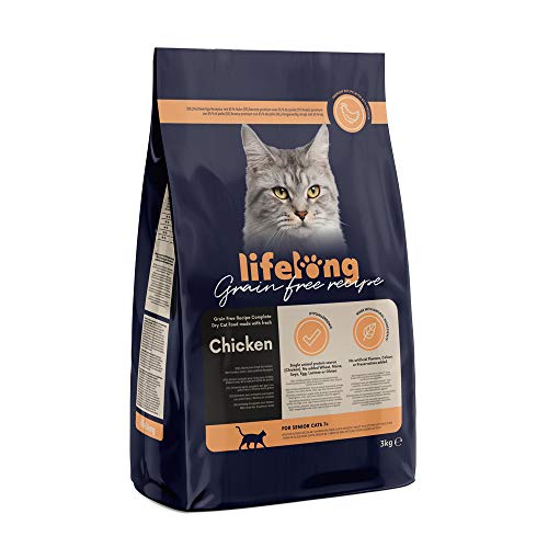 Amazon-Marke: Lifelong - Katzenfutter für ältere Katzen (Senior), Fein zubereitetes Trockenfutter mit frischem Huhn, Getreidefreie Rezeptur, 3 kg (1er-Pack) von Lifelong