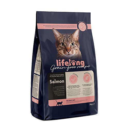 Amazon-Marke: Lifelong - Katzenfutter für ausgewachsene Katzen, Fein zubereitetes Trockenfutter mit frischem Lachs, Getreidefreie Rezeptur, 3 kg (1er-Pack) von Lifelong