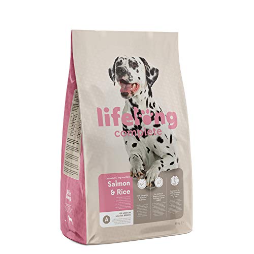 Amazon-Marke: Lifelong - Hundefutter für ausgewachsene Hunde (Adult) aller Rassen, Fein zubereitetes Trockenfutter mit Lachs und Reis, 15 kg (1er-Pack) von Lifelong