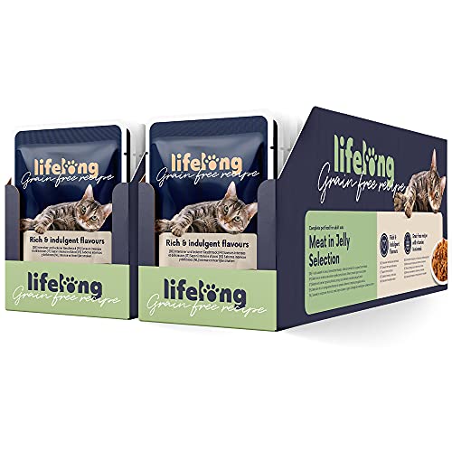 Amazon-Marke: Lifelong Getreidefreies Nassfutter für ausgewachsene Katzen Fleischauswahl in Gelee, 4.76 kg, 56 Packungen mit 85g von Lifelong