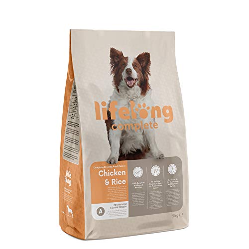 Amazon-Marke: Lifelong - Hundefutter für ausgewachsene Hunde (Adult) aller Rassen, Fein zubereitetes Trockenfutter reich an Huhn und Reis, 5 kg (1er-Pack) von Lifelong