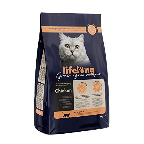 Amazon-Marke: Lifelong - Katzenfutter für ausgewachsene Katzen, Fein zubereitetes Trockenfutter mit frischem Huhn, Getreidefreie Rezeptur, 3 kg (1er-Pack) von Lifelong