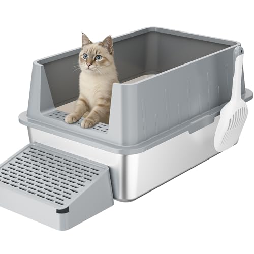 Lifewit 28L Katzenklo Edelstahl Katzenklo Offen 60x40x30 cm mit Schaufel & Pedal, katzentoilette XXL katzenklo groß ohne Deckel für große Katzen, für Wohnzimmer, Schlafzimmer, grau von Lifewit