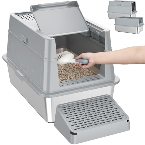 Lifewit Katzenklo Edelstahl mit Deckel，Katzenklo Groß Katzentoilette XXL Katzenklo Geschlossen für Große Katzen, Front-Eingang-Ausgang Katzentoiletten-Metallstreu-Box mit Schaufel & Pedal, Grau von Lifewit