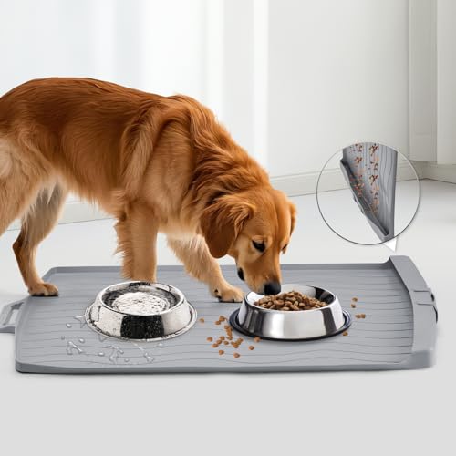 Ligebul Hundefuttermatte, 86,4 x 61 cm, große Hundematten für Futter und Wasser, Silikon, mit Rückstands-Sammeltasche, wasserdicht, groß zum Füttern von Katzennapf, Böden, Grau von Ligebul